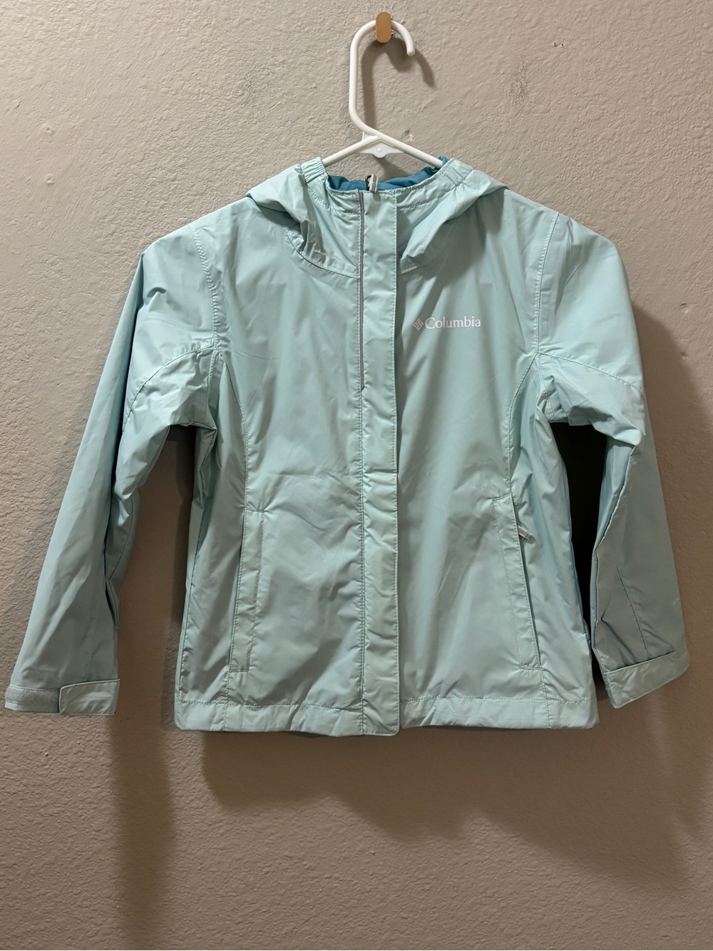 Columbia Girls Omni-Tech Hooded Waterproof Rain Jacket Aqua Blue Size XS (6/6X)